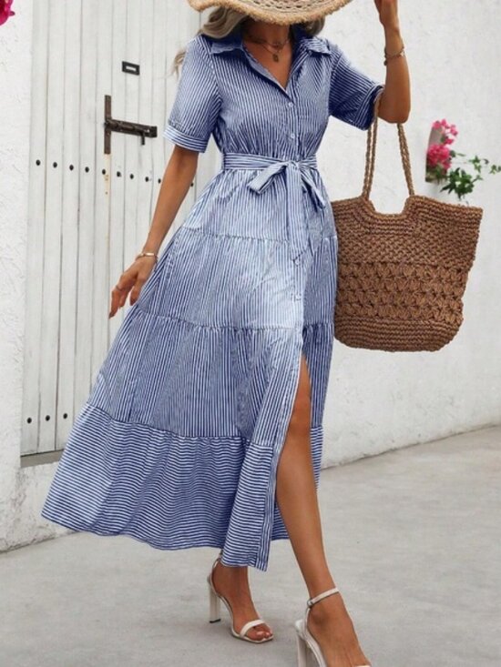 Boho Striped Butto Belted Short Sleeve Ruffle Hem Shirt dress - Picture 4 of 6